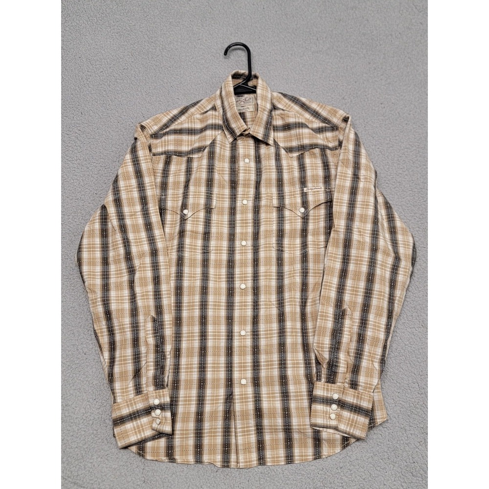Lucky Brand Shirt Mens Medium Beige Plaid Western‎ Pearl Snap Long Sleeve